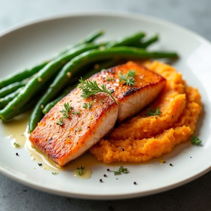 Seared Salmon with Garlic Green Beans and Sweet Potato Mash