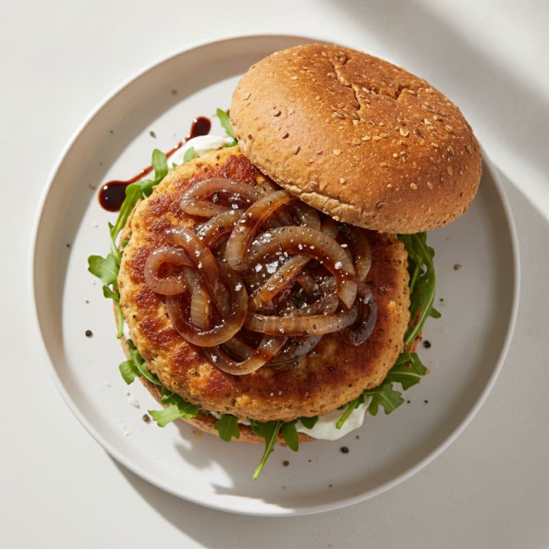 Ground Chicken Burger with Caramelized Onions