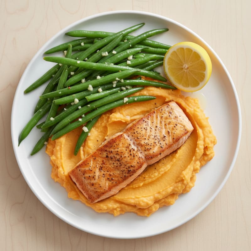 Seared Salmon with Garlic Green Beans and Sweet Potato Mash