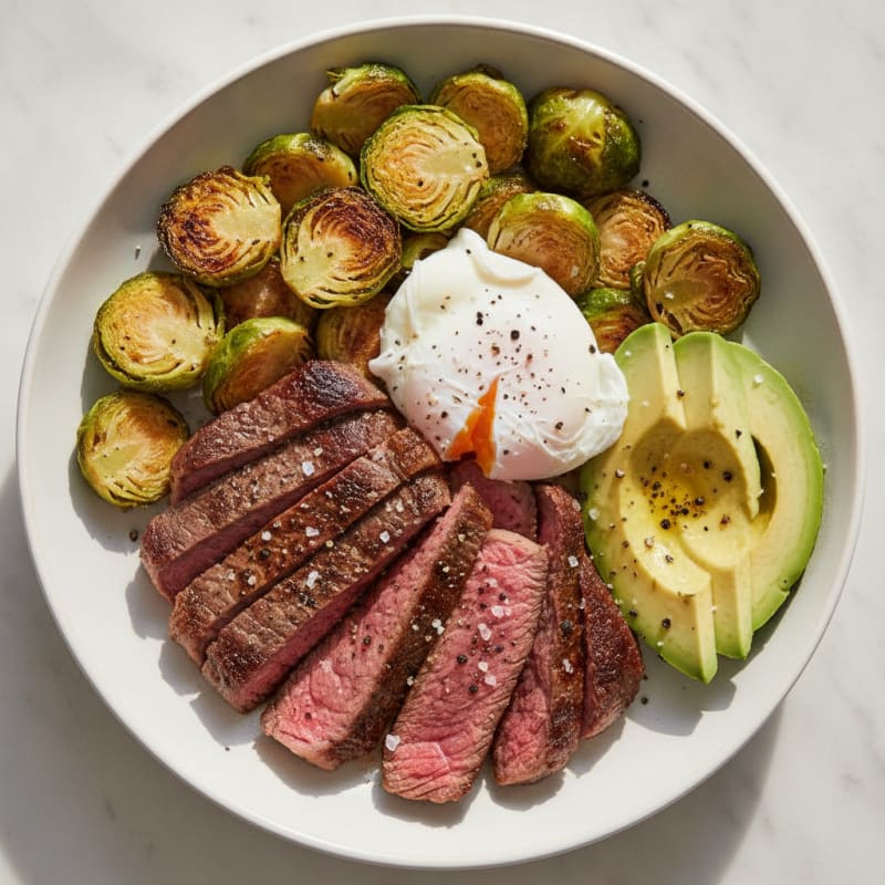 Seared Steak with Roasted Brussels Sprouts and Avocado