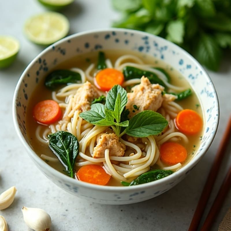 Aromatic Chicken and Rice Noodle Soup with Fresh Herbs