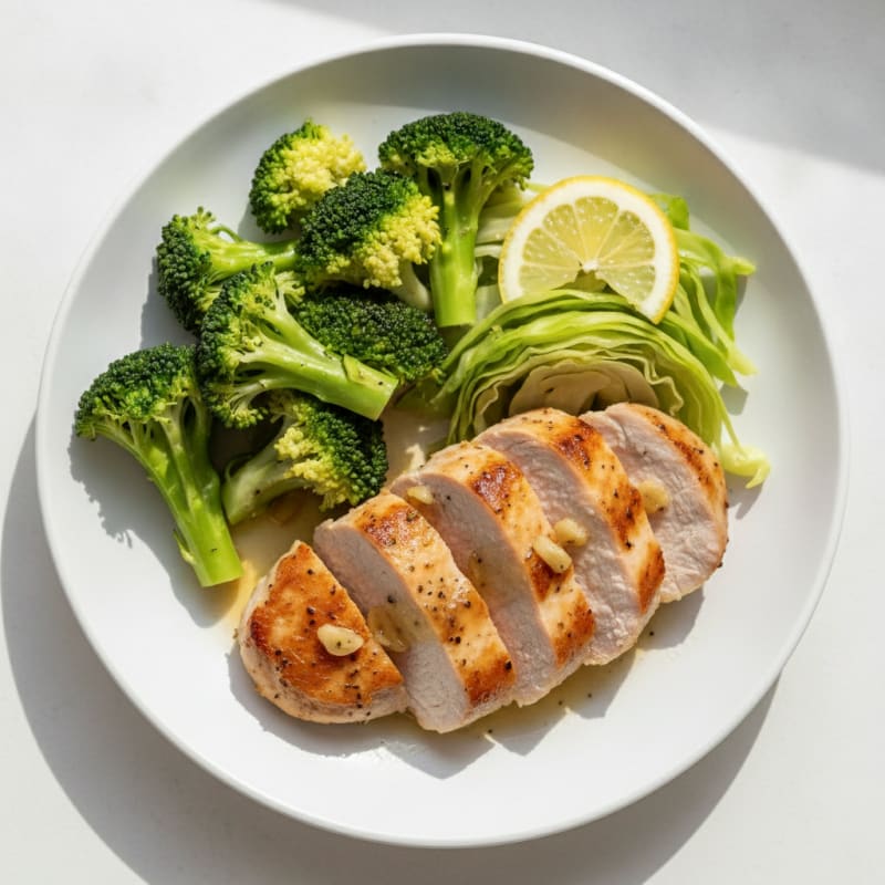 Seared Turkey Breast with Steamed Broccoli and Cabbage