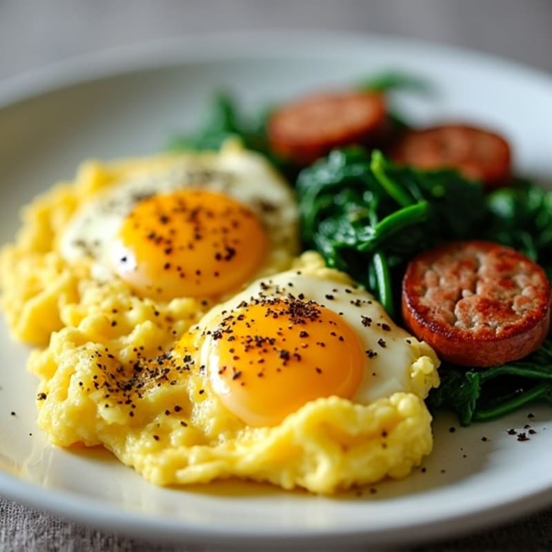 Fluffy Scrambled Eggs with Sautéed Spinach and Lean Turkey Sausage
