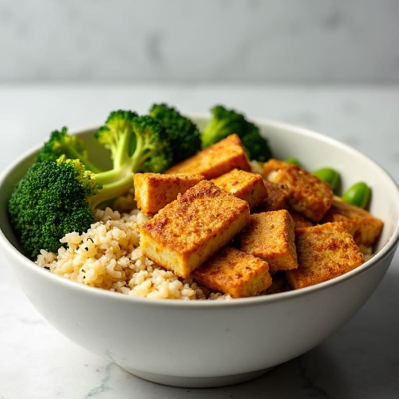 Crispy Peanut Tofu Bowl with Roasted Broccoli and Quinoa
