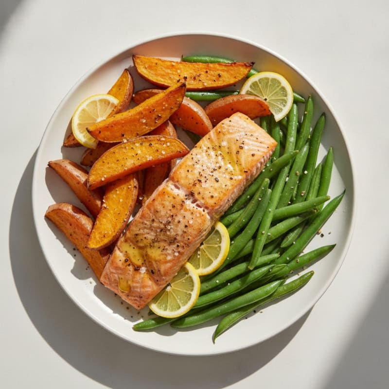 Roasted Salmon with Sweet Potatoes and Green Beans