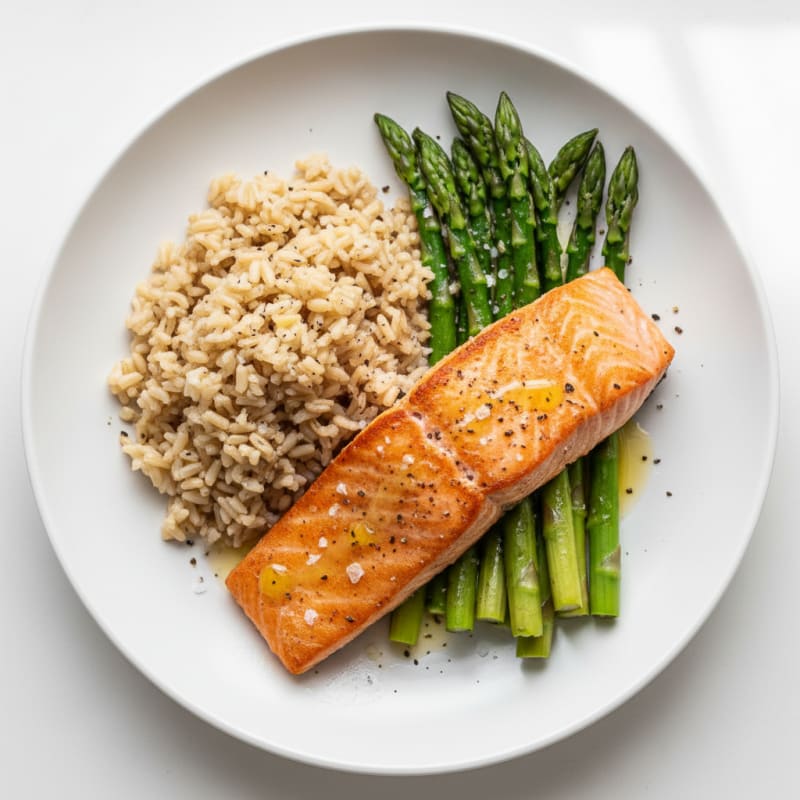 Seared Salmon with Steamed Asparagus and Brown Rice