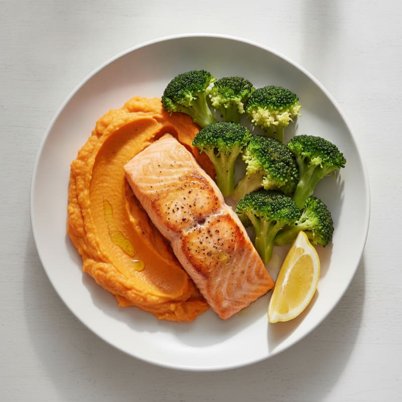 Seared Salmon with Steamed Broccoli and Sweet Potato Mash