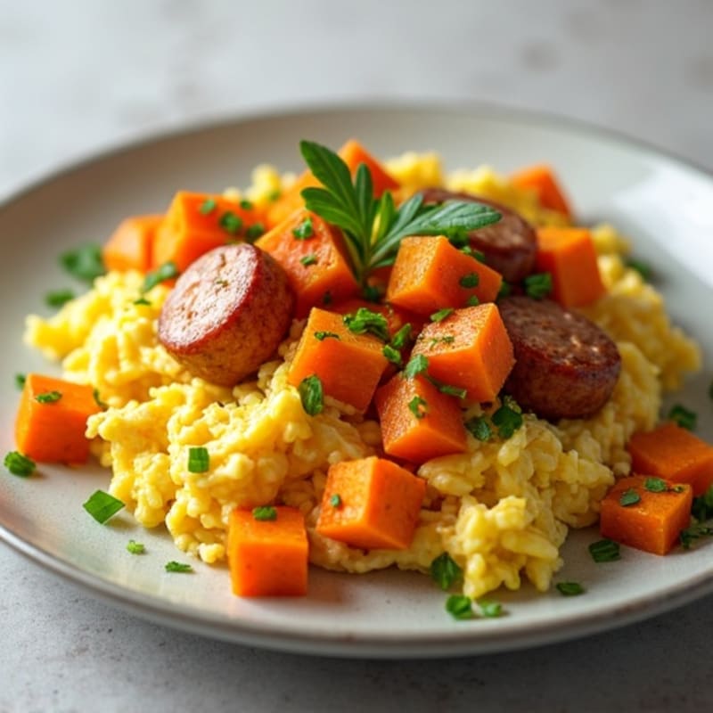 Egg White and Turkey Sausage Scramble with Roasted Sweet Potato