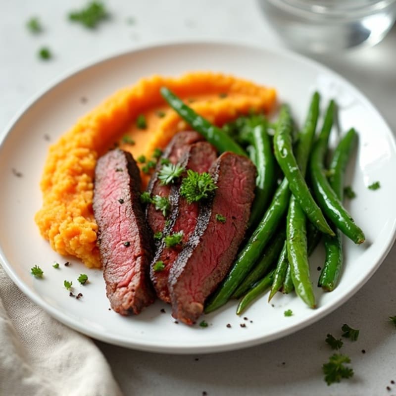 Seared Lean Beef Strips with Garlic Green Beans and Sweet Potato Mash