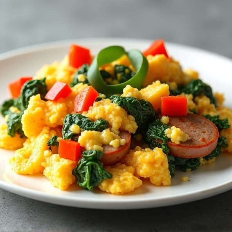 Fluffy Egg Scramble with Sautéed Spinach and Bell Peppers