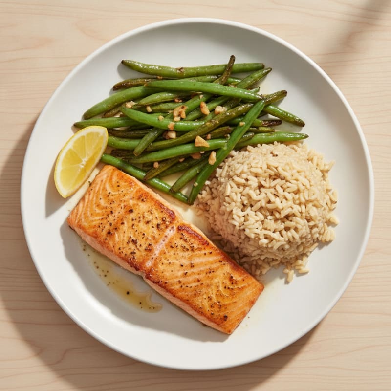 Seared Salmon Fillet with Garlic Green Beans and Brown Rice