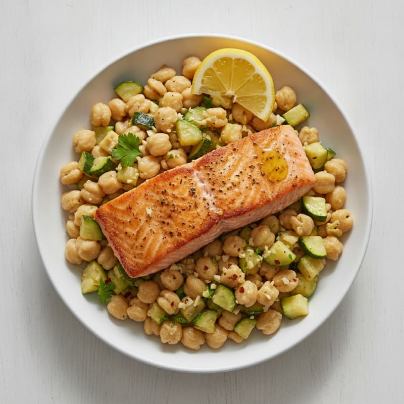 Seared Salmon with Garlic Veggie Pasta