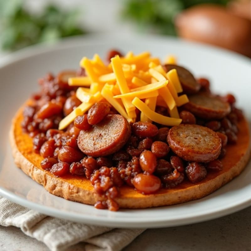 Crispy Turkey Sausage with Hearty Beef Chili, Melty Cheddar, and Roasted Sweet Potato