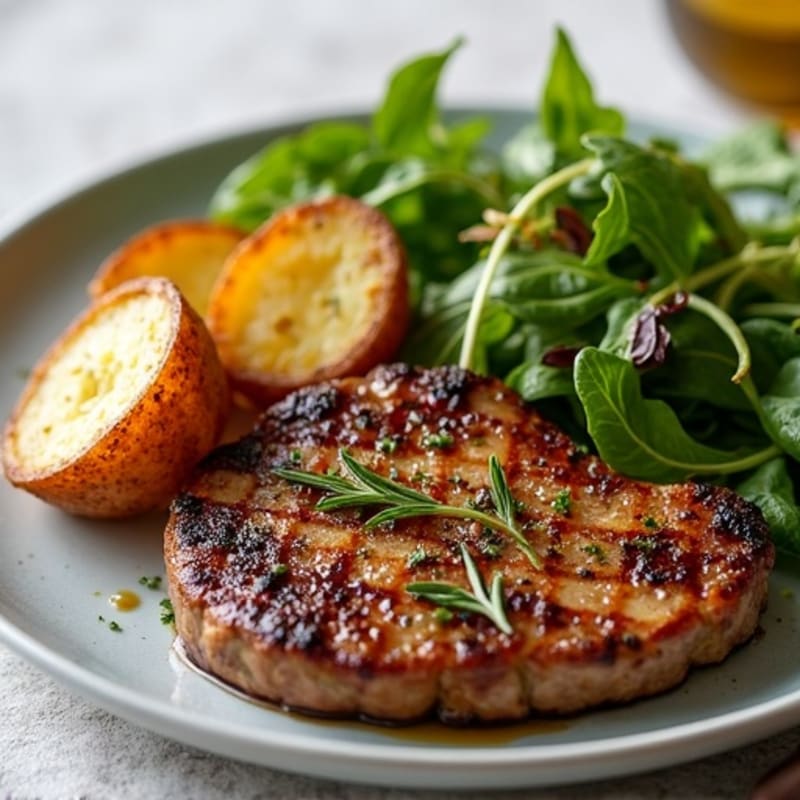 Pan-Seared Garlic Herb Steak with Crispy Roasted Potatoes and Fresh Greens