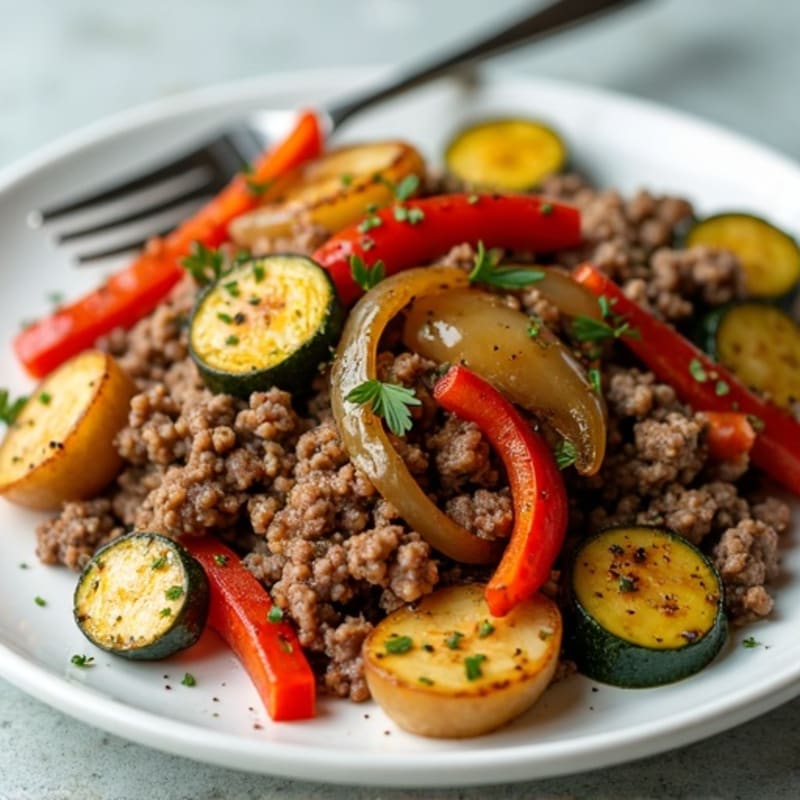Lean Ground Beef and Roasted Vegetable Skillet