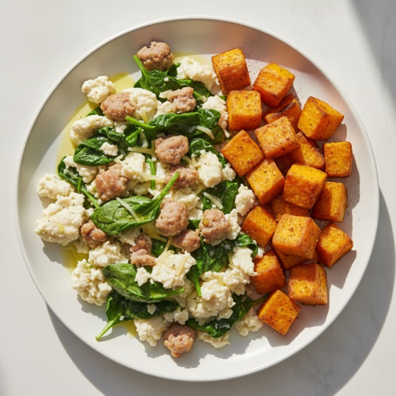Egg White and Turkey Sausage Scramble with Spinach and Roasted Sweet Potato