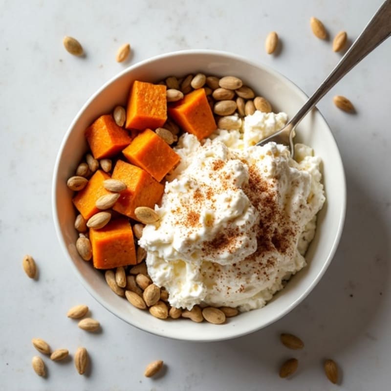 Creamy Cottage Cheese Bowl with Roasted Sweet Potatoes and Crunchy Seeds