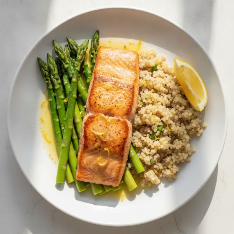 Seared Salmon Fillet with Steamed Asparagus and Lemon