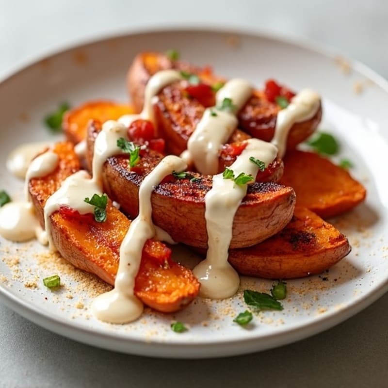 Roasted Sweet Potato Wedges with Crispy Bacon and Creamy Cheesy Drizzle