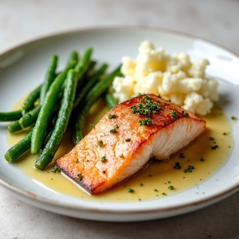 Seared Salmon with Garlicky Green Beans and Cauliflower Mash