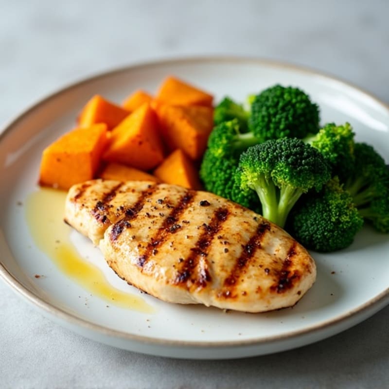 Grilled Chicken Breast with Roasted Sweet Potato and Steamed Broccoli