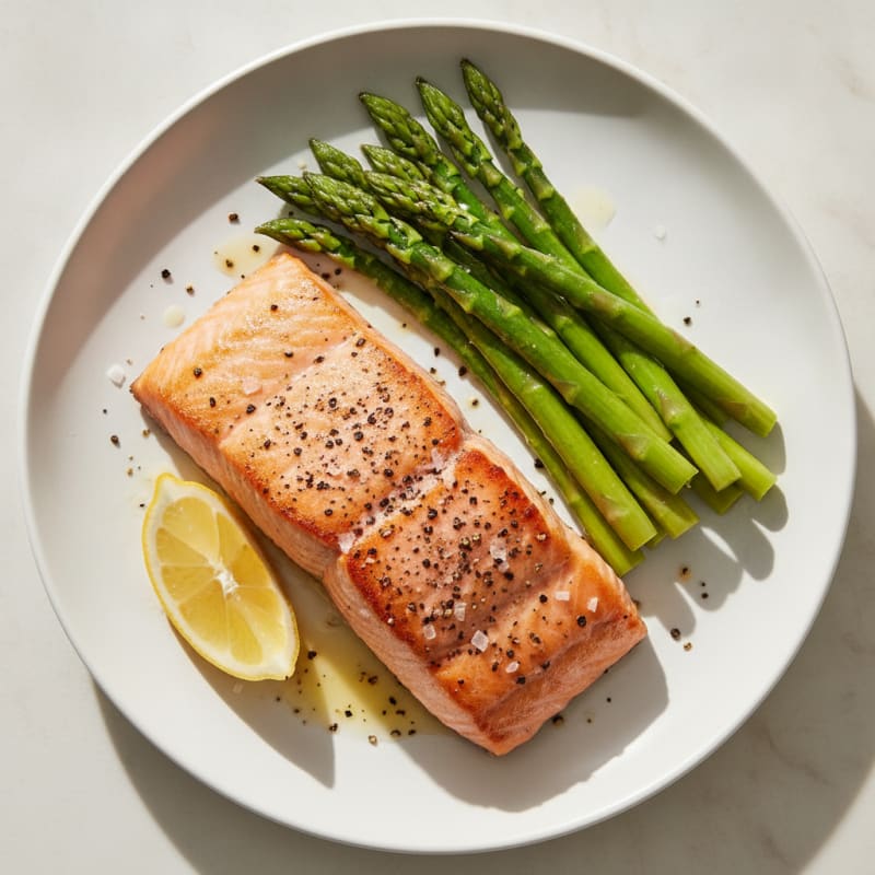 Seared Salmon with Steamed Asparagus and Lemon