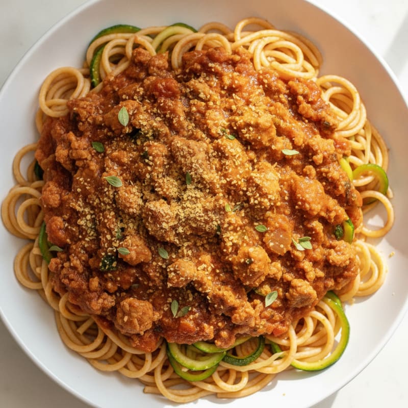 Lean Ground Turkey Pasta with Tomato Sauce and Zucchini Noodles