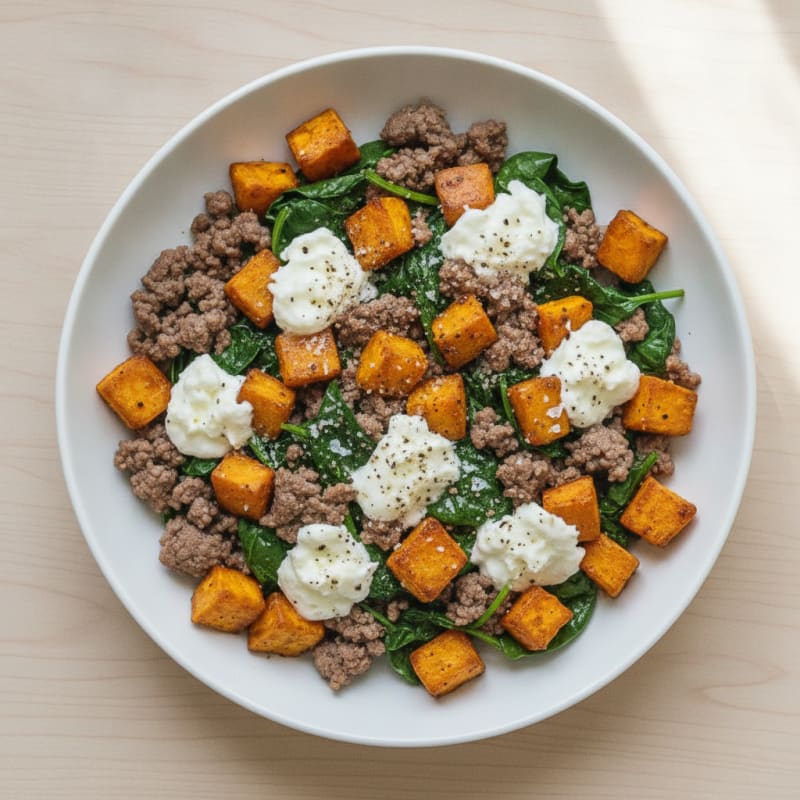 Ground Beef Bowl with Sweet Potato and Goat Cheese