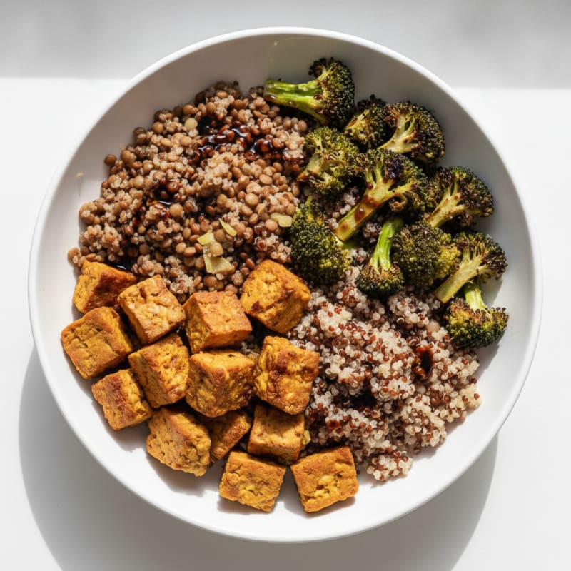 Lentil and Tempeh Power Bowl with Quinoa and Roasted Broccoli