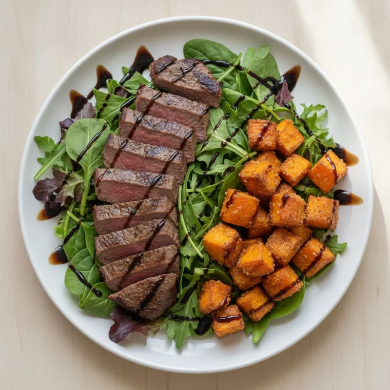 Grilled Beef Strips with Roasted Sweet Potato and Mixed Greens