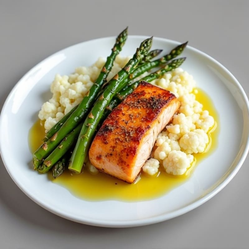 Seared Salmon Fillet with Roasted Asparagus and Cauliflower Mash