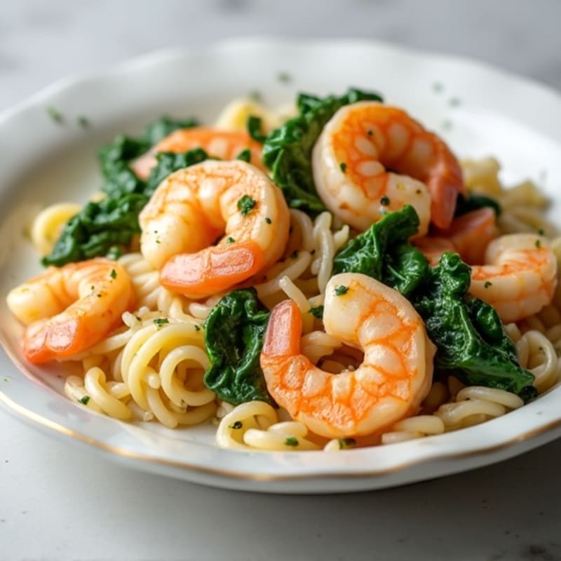 Lighter Creamy Garlic Shrimp with Whole Wheat Pasta and Spinach