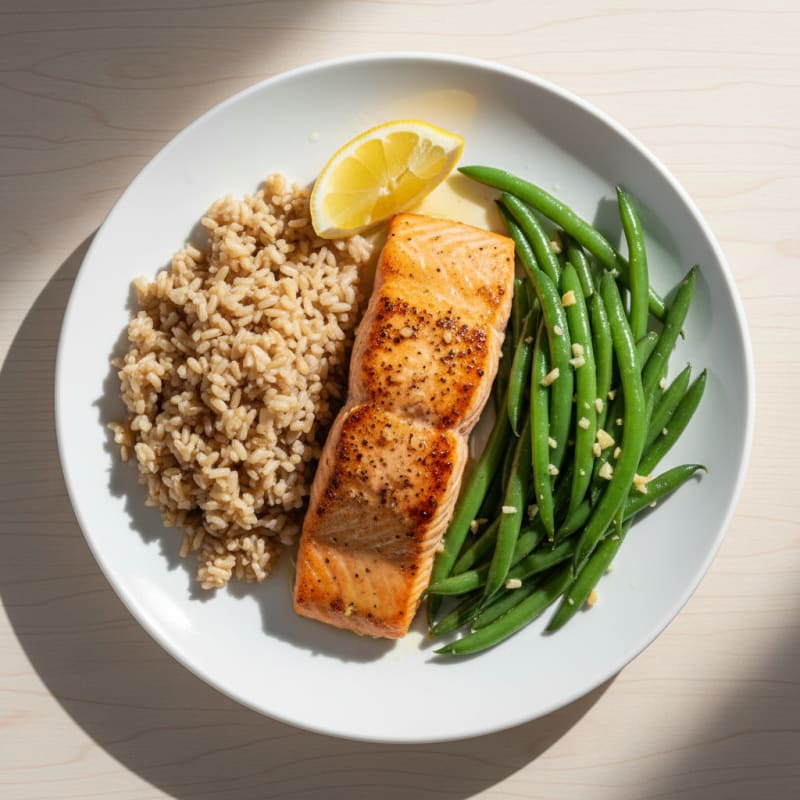 Seared Salmon Fillet with Garlic Green Beans and Brown Rice