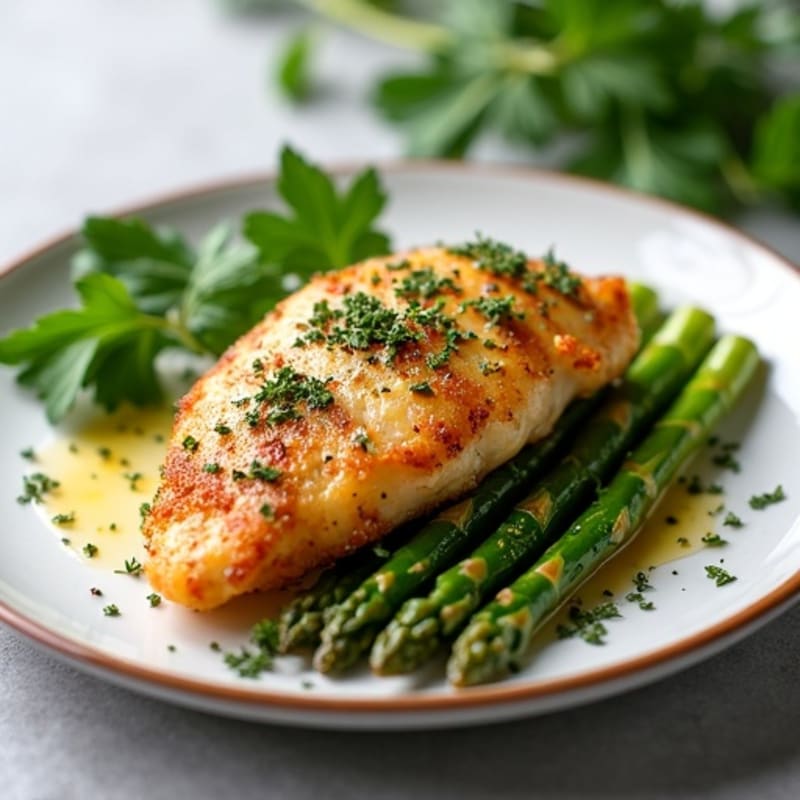 Crispy Garlic Herb Seared Chicken with Tender Roasted Asparagus