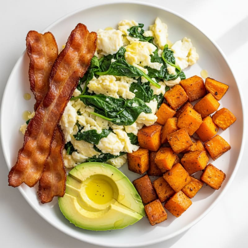 Crispy Turkey Bacon Egg White Scramble with Spinach