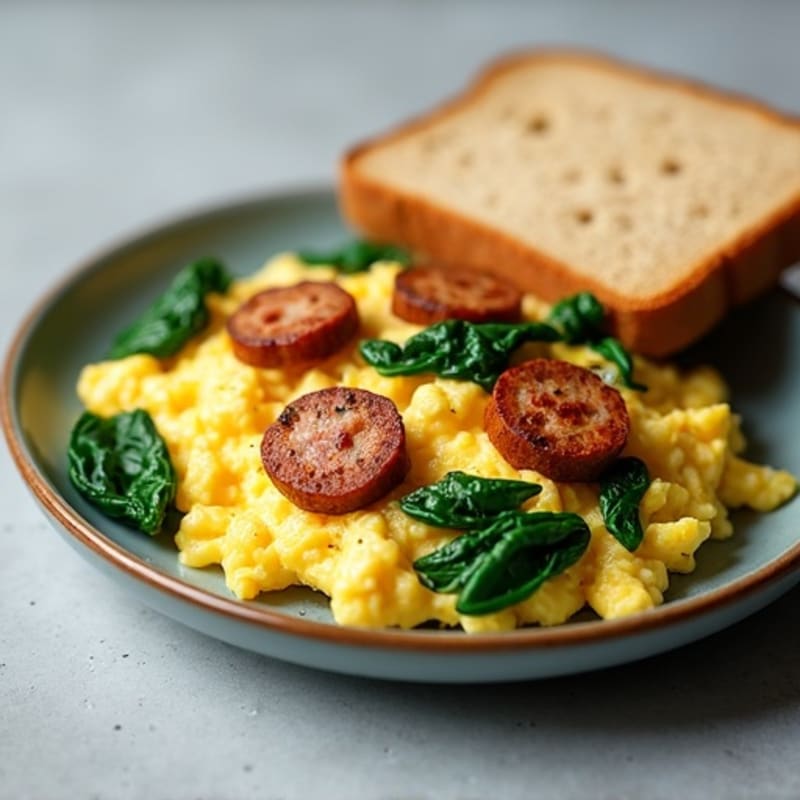 Egg White and Turkey Sausage Scramble with Sautéed Spinach