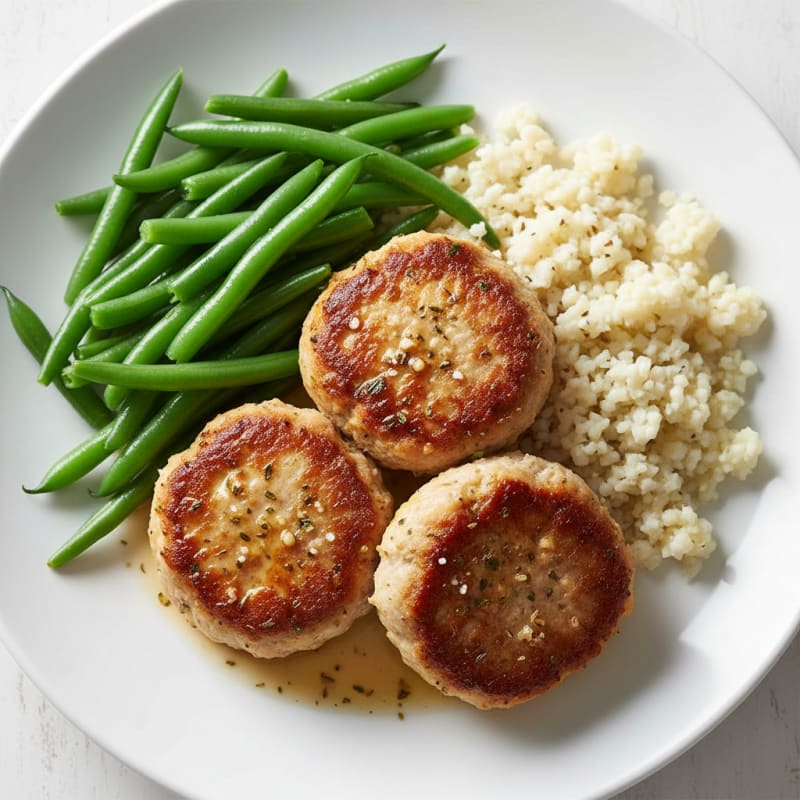 Seared Turkey Patties with Steamed Green Beans and Cauliflower Rice