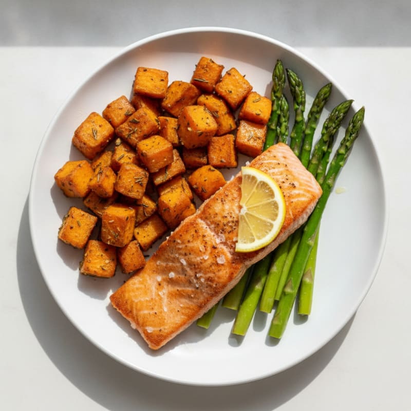 Seared Salmon with Herb-Roasted Sweet Potatoes and Steamed Asparagus