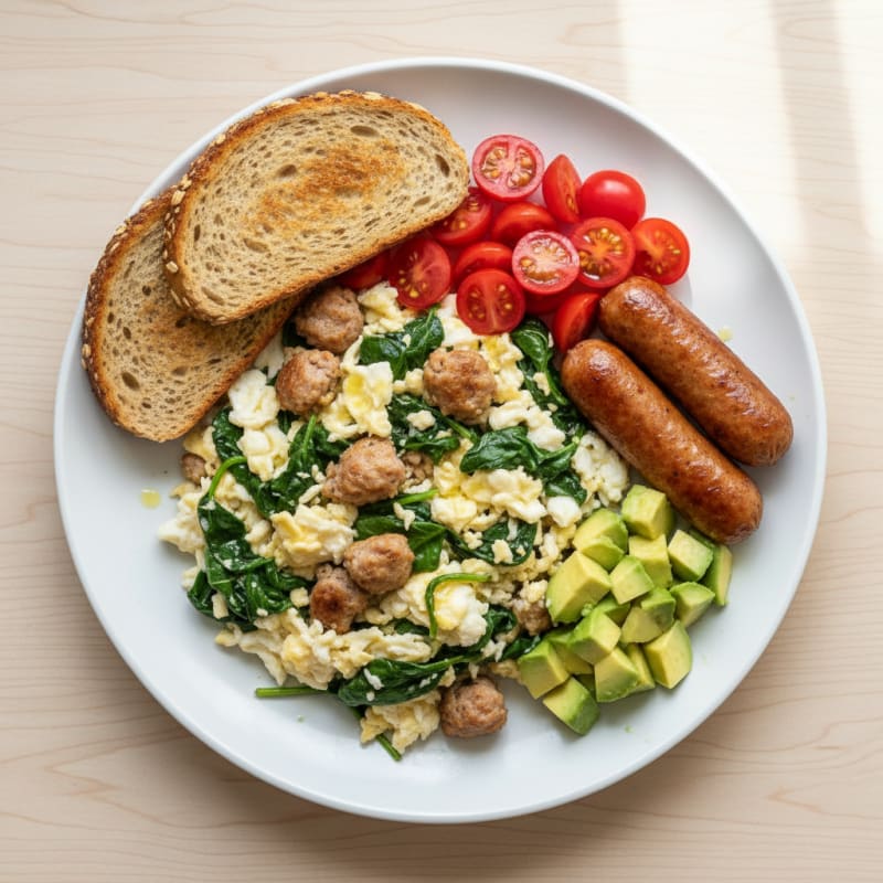 Egg White and Turkey Sausage Scramble with Spinach and Tomatoes