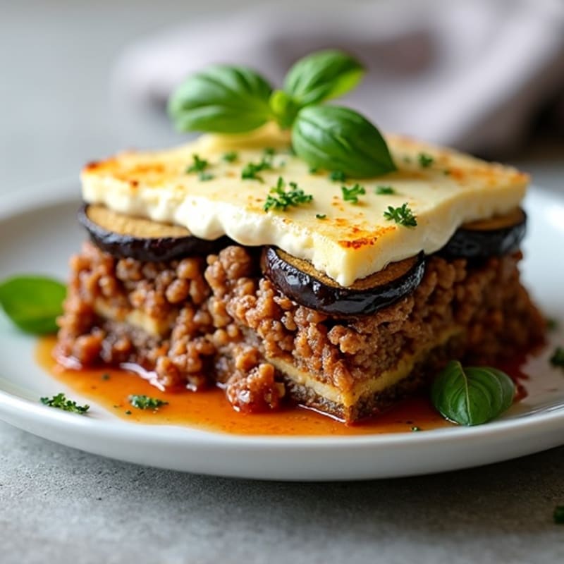 Layered Eggplant and Lean Ground Beef Bake with Creamy Herb Topping