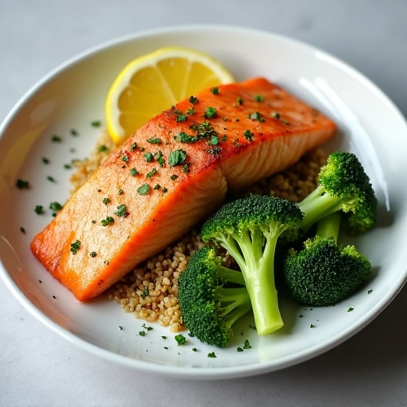 Seared Salmon with Steamed Broccoli and Quinoa