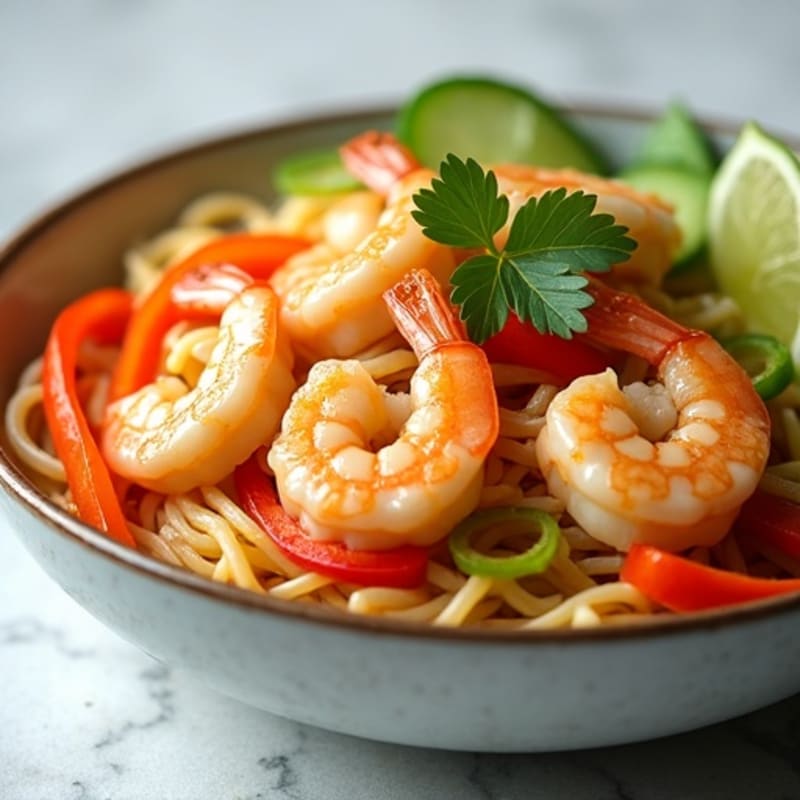 Shrimp with Tangy Peanut Rice Noodles and Fresh Vegetables