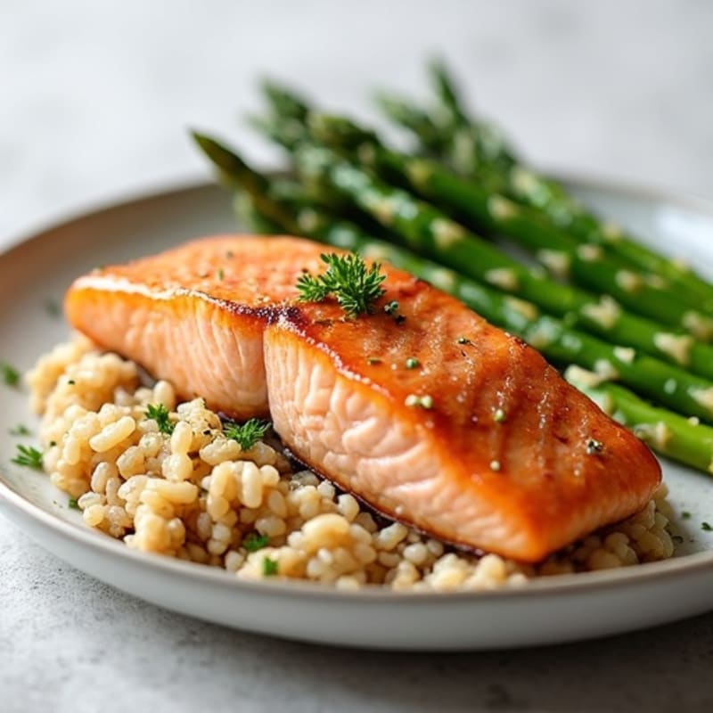 Seared Salmon with Steamed Asparagus and Brown Rice