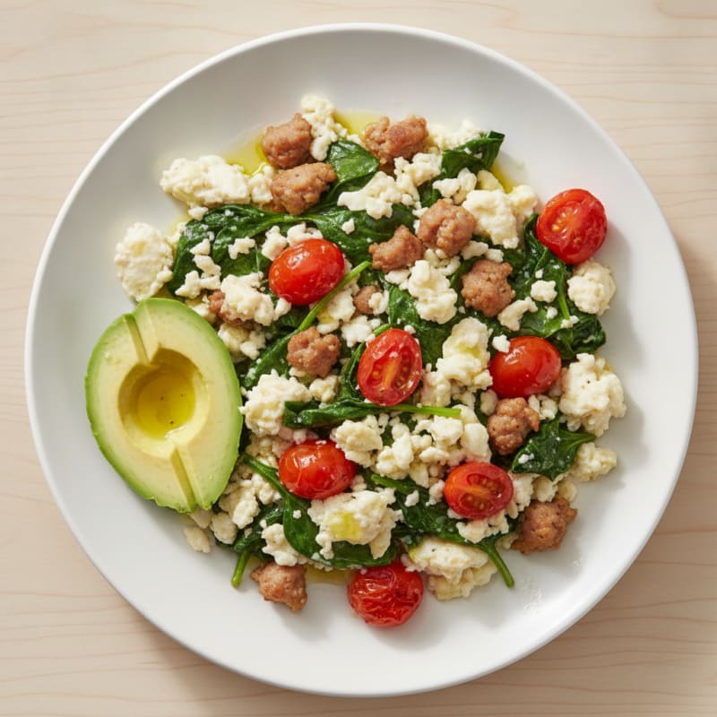 Egg White and Turkey Sausage Scramble with Spinach and Tomatoes