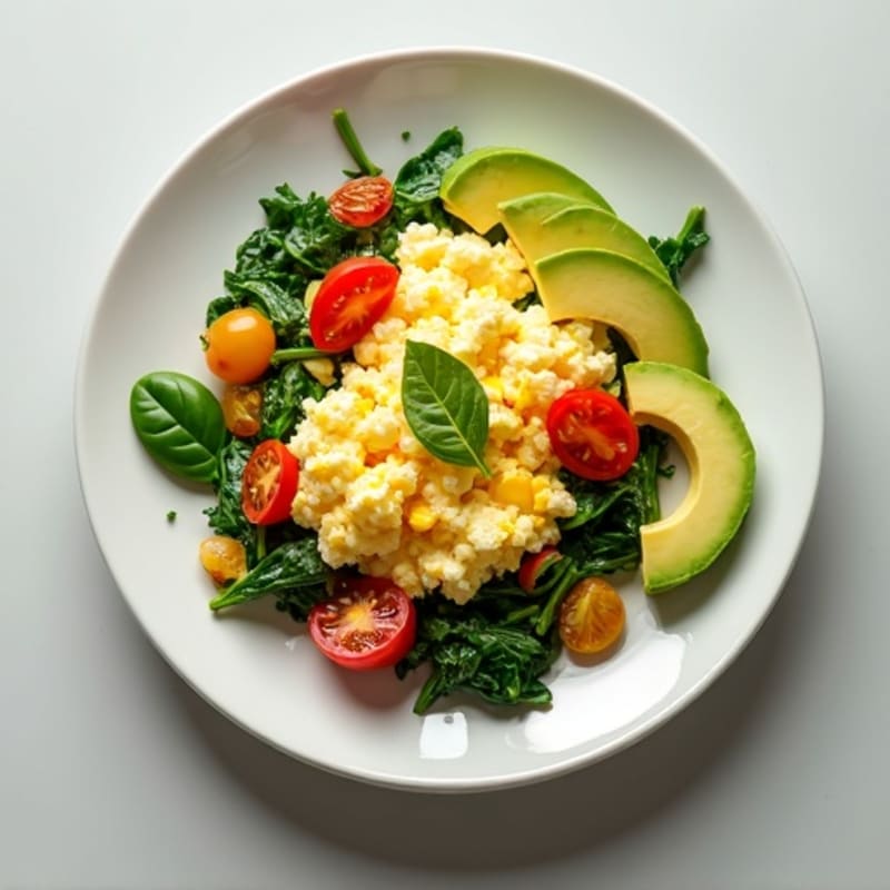 Cottage Cheese Egg White Scramble with Spinach and Cherry Tomatoes