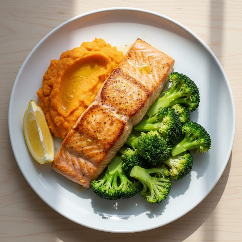 Seared Salmon Fillet with Steamed Broccoli and Mashed Sweet Potatoes