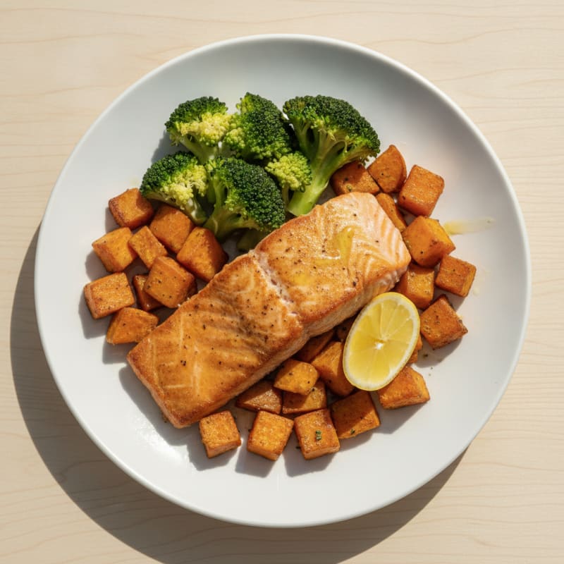Seared Salmon with Roasted Sweet Potatoes and Steamed Broccoli