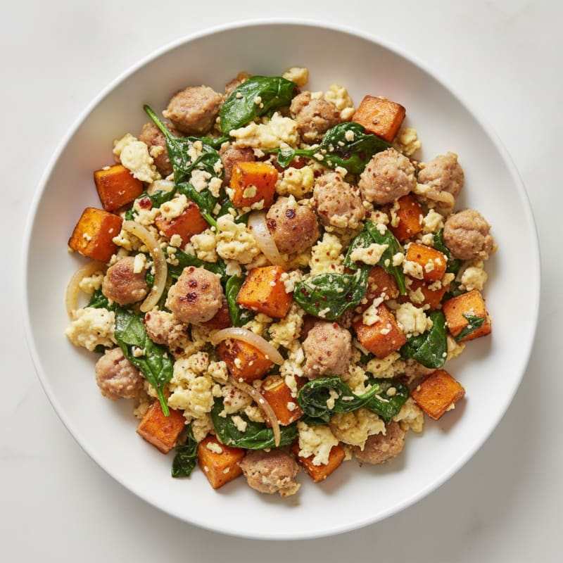 Egg White and Turkey Sausage Scramble with Spinach and Sweet Potato
