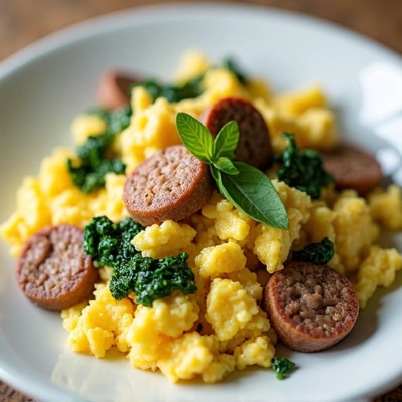 Egg White Scramble with Turkey Sausage and Sautéed Spinach