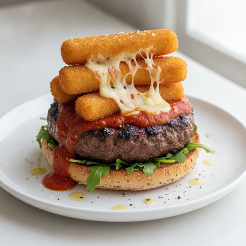 Mozzarella Stick Beef Burger with Marinara